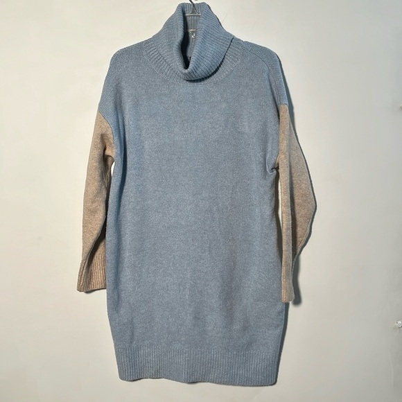 LULUS Blue/Cream Color Block Office/Boho Cozy Turtleneck Knit Sweater Dress SZ S - Picture 1 of 15